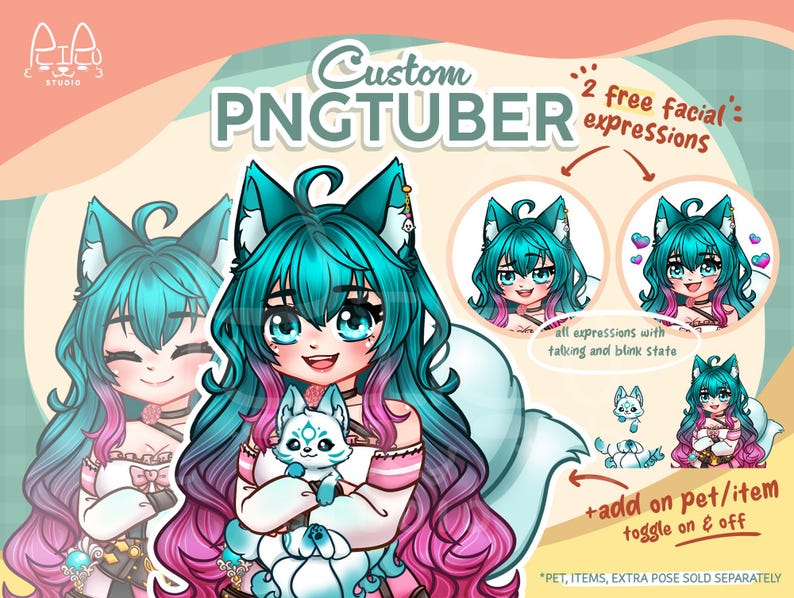 May include: A custom PNGtuber character illustration featuring a figure with long teal and pink hair, fox ears, and a white outfit. The image includes text labels for facial expressions, a pet, and toggleable items for digital streaming use.