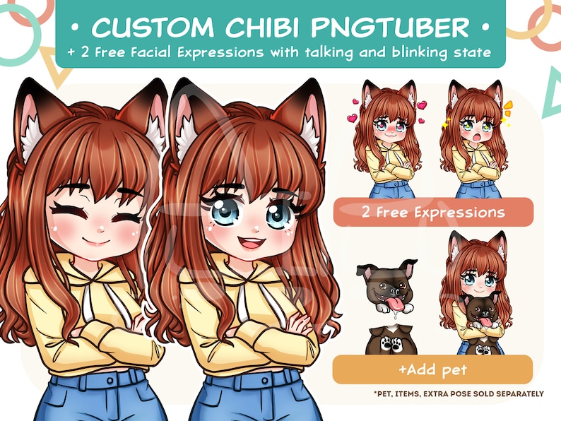May include: Digital illustration of a chibi character with brown hair, animal ears, a yellow hoodie, and blue jeans. The image includes text: CUSTOM CHIBI PNGTUBER, 2 Free Facial Expressions with talking and blinking state, 2 Free Expressions, +Add pet, and *PET, ITEMS, EXTRA POSE SOLD SEPARATELY.