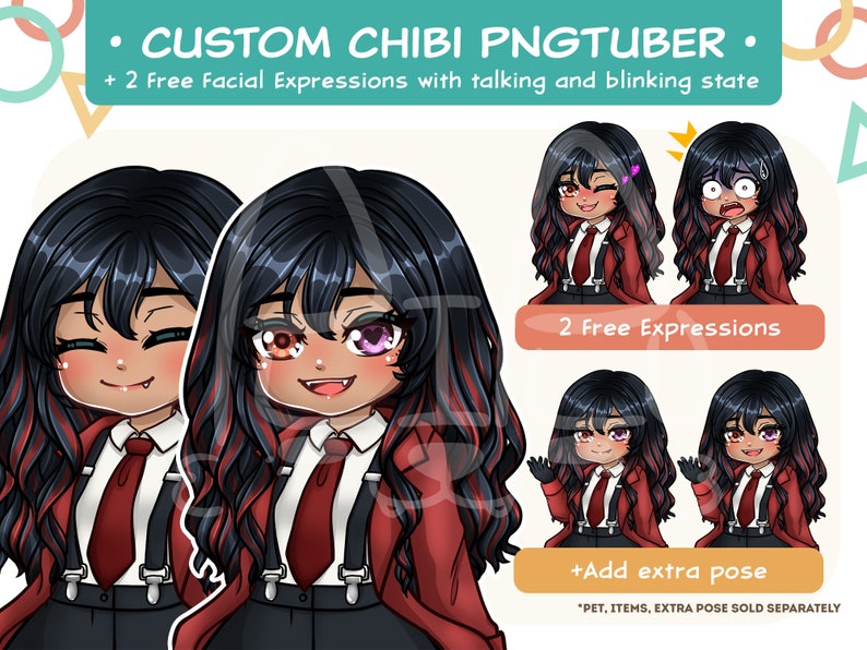 May include: A digital illustration of a custom chibi PNGtuber character with long black hair featuring red highlights, wearing a red blazer, white shirt, and red tie. The character has heterochromia and fangs. Text includes CUSTOM CHIBI PNGTUBER.