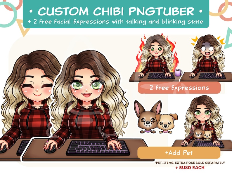 May include: A custom chibi PNGtuber character with long wavy brown and blonde hair wearing a red and black plaid shirt. The character is shown at a desk with a keyboard and mouse, including variations with different facial expressions and pets.
