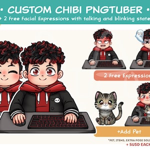 May include: A custom chibi PNGtuber character with curly dark hair and red highlights, wearing a black and red hoodie. The character is shown at a computer keyboard in various states, including talking and blinking, with an optional cat pet.