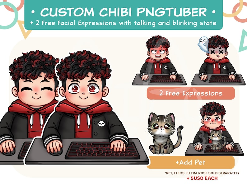 May include: A custom chibi PNGtuber character with curly dark hair and red highlights, wearing a black and red hoodie. The character is shown at a computer keyboard in various states, including talking and blinking, with an optional cat pet.