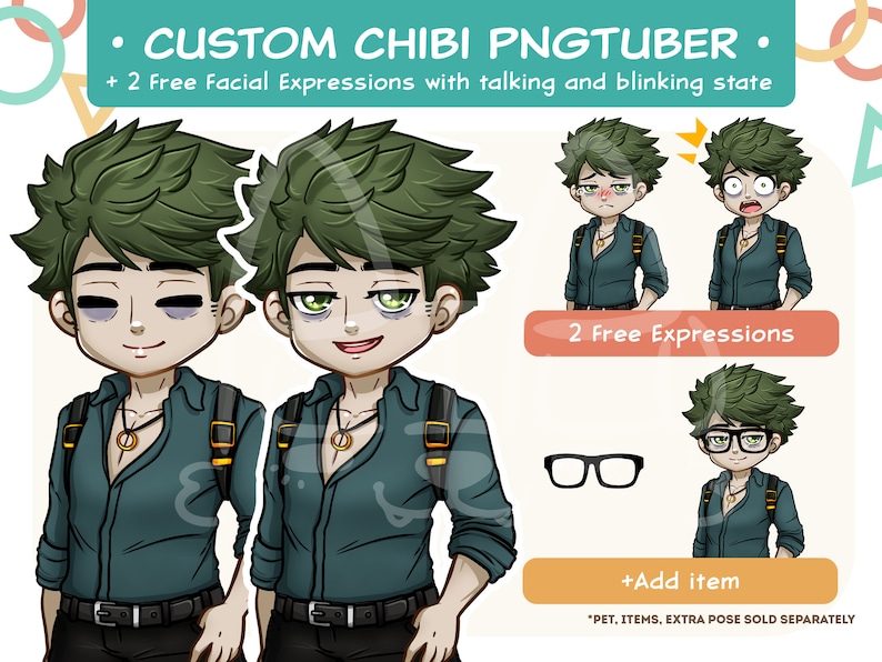 May include: Custom Chibi PNGTuber character with spiky green hair, wearing a dark teal button-down shirt, black pants, and a gold ring necklace. Includes 2 free facial expressions with talking and blinking states, plus an add-on glasses item.