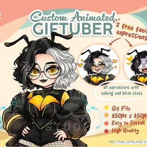 May include: A digital illustration of a custom animated GIFtuber character with black and white hair, antennae, and round glasses. The character wears a black and yellow bee-themed outfit. Includes two additional facial expressions and text.