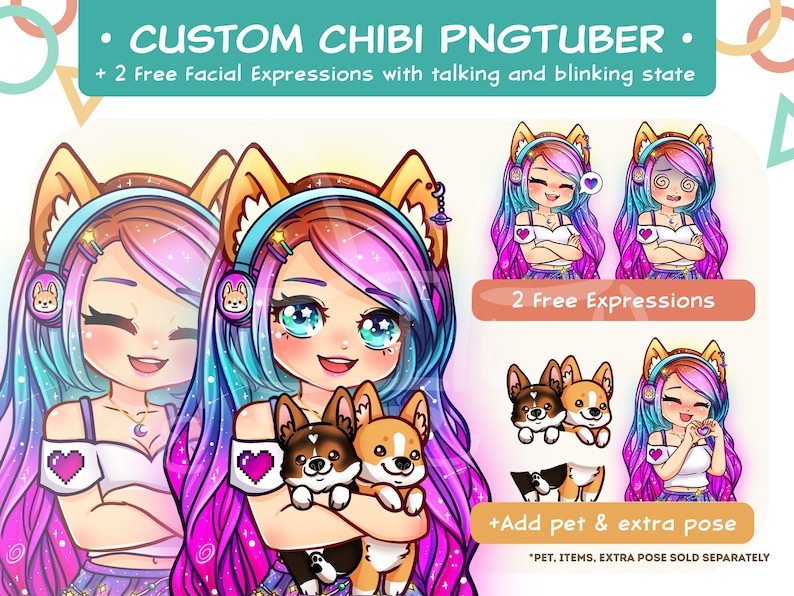 May include: A digital illustration of a chibi character with long rainbow hair, cat ears, and headphones, holding two small dogs. Text reads: CUSTOM CHIBI PNGTUBER, 2 Free Facial Expressions with talking and blinking state, 2 Free Expressions, +Add pet & extra pose, *PET, ITEMS, EXTRA POSE SOLD SEPARATELY.