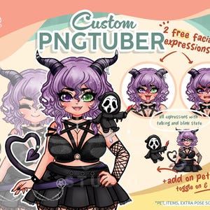 Puede incluir: Ilustración digital que promociona avatares PNGTuber personalizados. El personaje principal es una chica demonio de pelo morado con ojos verdes y morados, vestida de negro y sosteniendo una muñeca Ghostface. El texto incluye "Custom PNGTuber" y "2 expresiones faciales gratuitas."