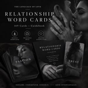 Metaforiska relationskort, 169 utskrivbara kärleks- och kontaktkort med guidebok, reflektionslek för par, digital nedladdning