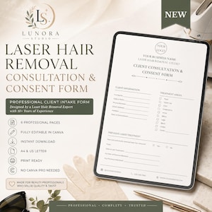 Peut inclure: Un modèle numérique de formulaire de consultation et de consentement pour l'épilation au laser affiché sur une tablette. Le document comprend des sections pour les informations client, les zones de traitement et l'historique des soins au laser.