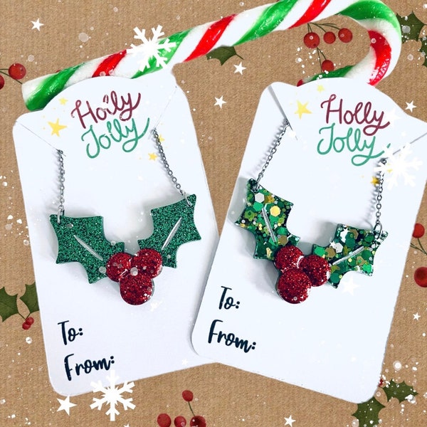 Holly resin pendant, Christmas necklace, festive jewellery, stocking filler for her, Christmas gift for mum, secret Santa gift