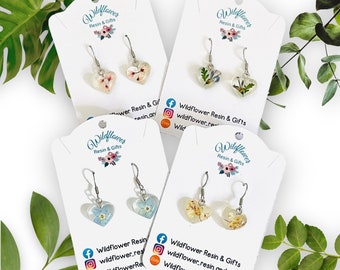 Boucles d'oreilles coeur pendantes, boucles d'oreilles myosotis, cadeau d'anniversaire pour petite amie, cadeau de Noël pour femme, bas de Noël pour femme