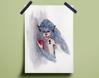 Illustration Female werewolf creature, White Blue Red Black