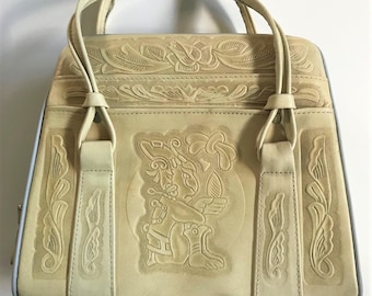 Vintage cream tooled leather handbag, Made in Mexico purse