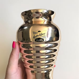 MCM Lustre Ware Van Pak gold vase, Mid Century décor, 1950s 1960s atomic, Dominion Glass Canada