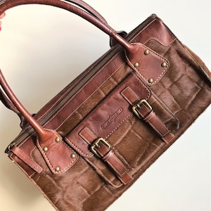 Bolso vintage Arcadia de piel marrón y pelo de becerro, Made in Italy