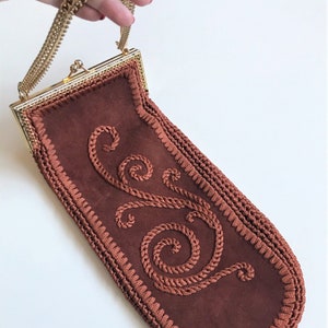 Vintage Italian suede purse, embroidered rust colored handbag, Creations by Solar Ltd, Made in Italy