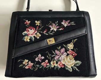 Vintage black floral tapestry bag, petti point and faux leather purse, 1960s 1970s brocade handbag