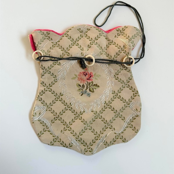 1900s fabric embroidered floral drawstring bag, shield shaped antique reticule purse, celluloid rings
