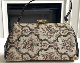 sac à main vintage en tapisserie florale beige et noire, sac à main en brocart des années 1960 et 1970