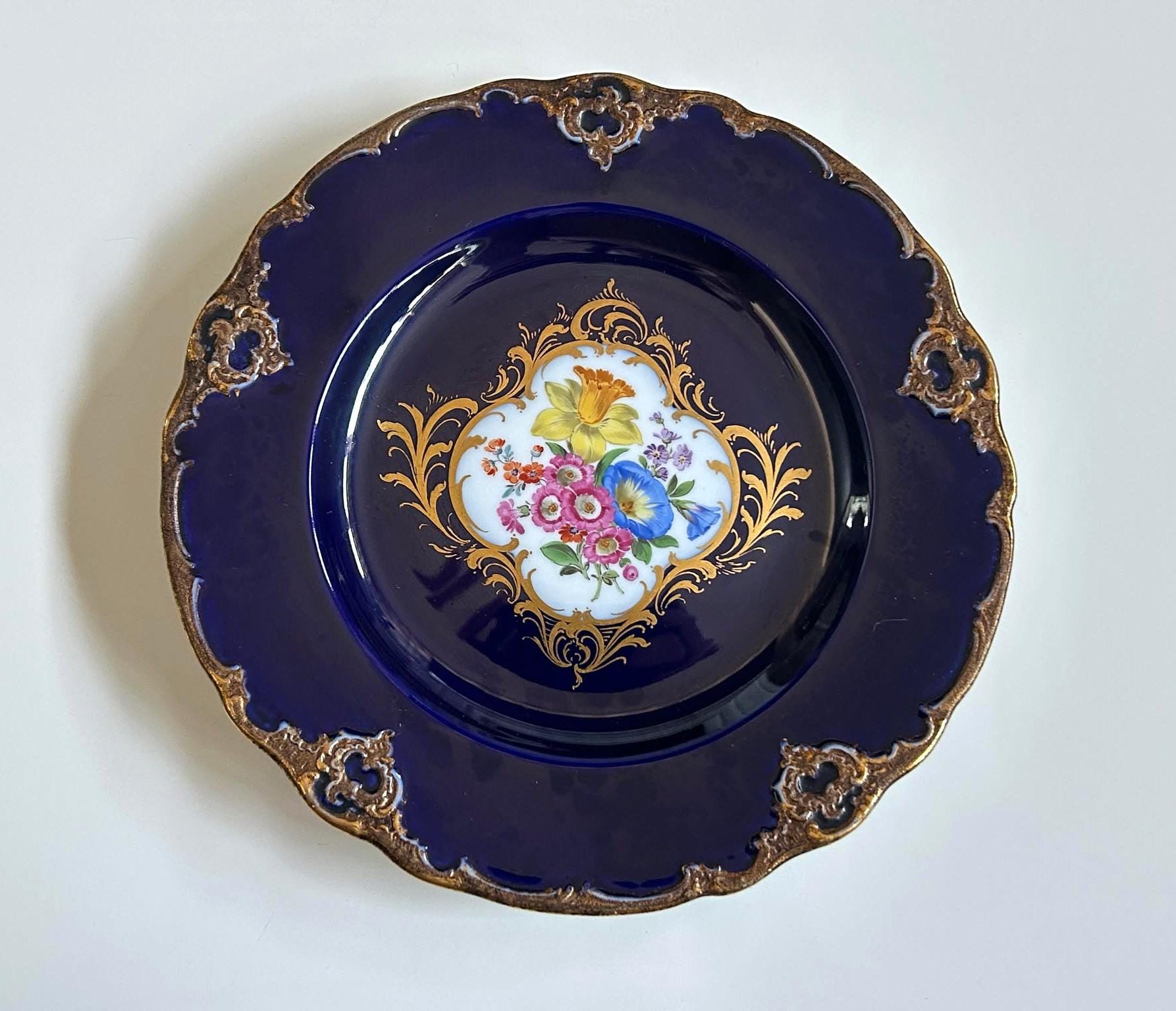 Small Early 20th C Meissen Porcelain Cobalt Blue Floral Plate