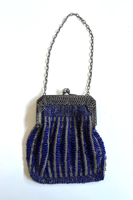 Art Deco cobalt blue glass beaded purse, 1920s fl… - image 1
