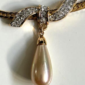 Vintage Nina Ricci crystal and faux drop pearl necklace, designer jewelry, gift for her