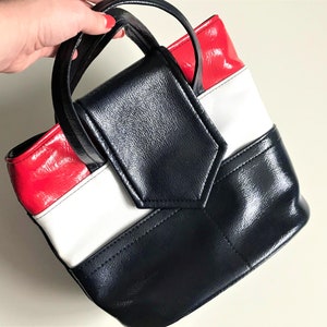 Vintage tote bucket bag, faux leather red white and blue purse, 1980s retro shoulder bag, patriotic purse
