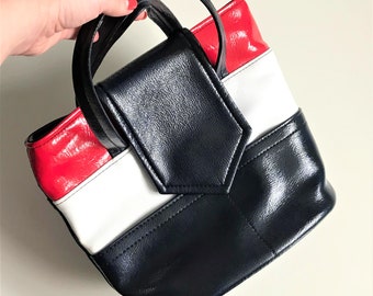 Vintage tote bucket bag, faux leather red white and blue purse, 1980s retro shoulder bag, patriotic purse