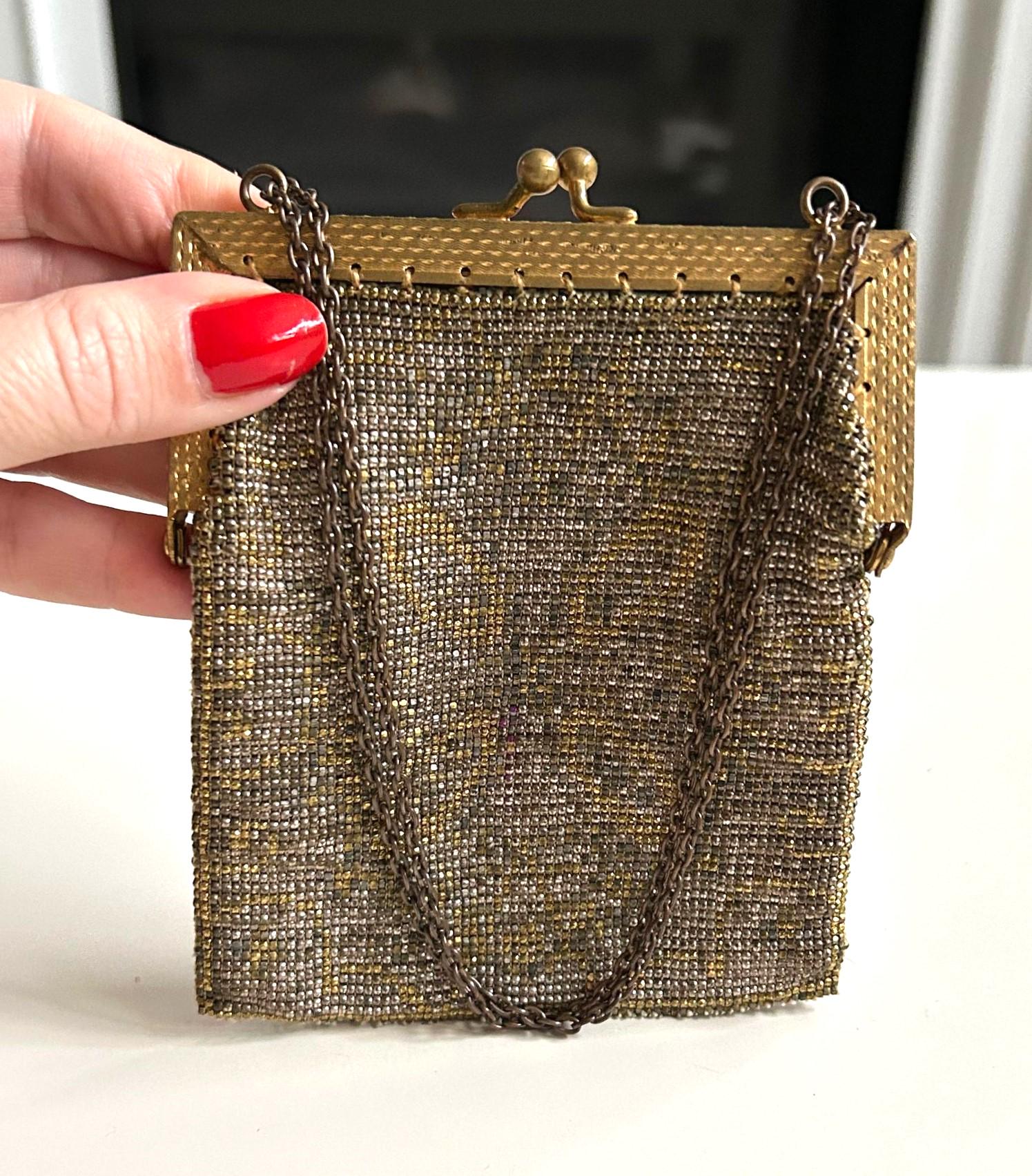 antique アンティーク20s ミニbag Small Art Deco Gold and Bronze Metal Beaded Purse, Made in France