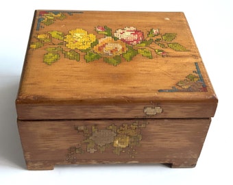 Vintage wooden box with petti point style rose design , hand painted keepsake chest, 1930s jewelry box