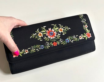 Cluth de tapiz floral negro vintage, bolso bordado, bolso de brocado de la década de 1940 de la década de 1950, embrague de boda vintage