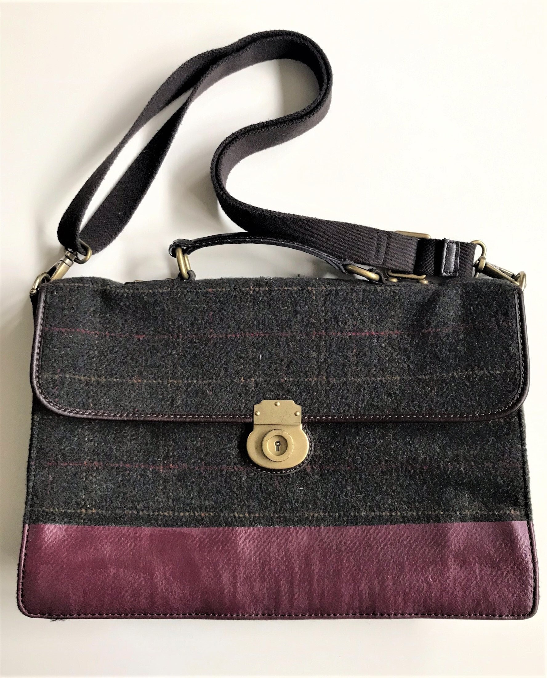 RARE Vintage Fossil Messenger Bag Charcoal Plaid and Burgundy Etsy