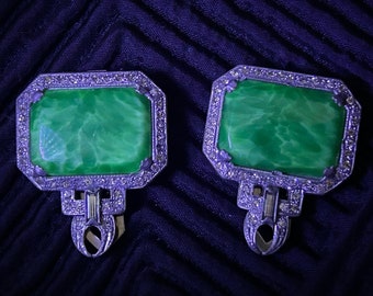 Art Deco uranium glass and rhinestone dress clips, uranium glass jewelry, antique jewelry, Made in USA