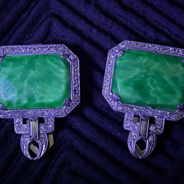 Art Deco uranium glass and rhinestone dress clips, uranium glass jewelry, antique jewelry, Made in USA