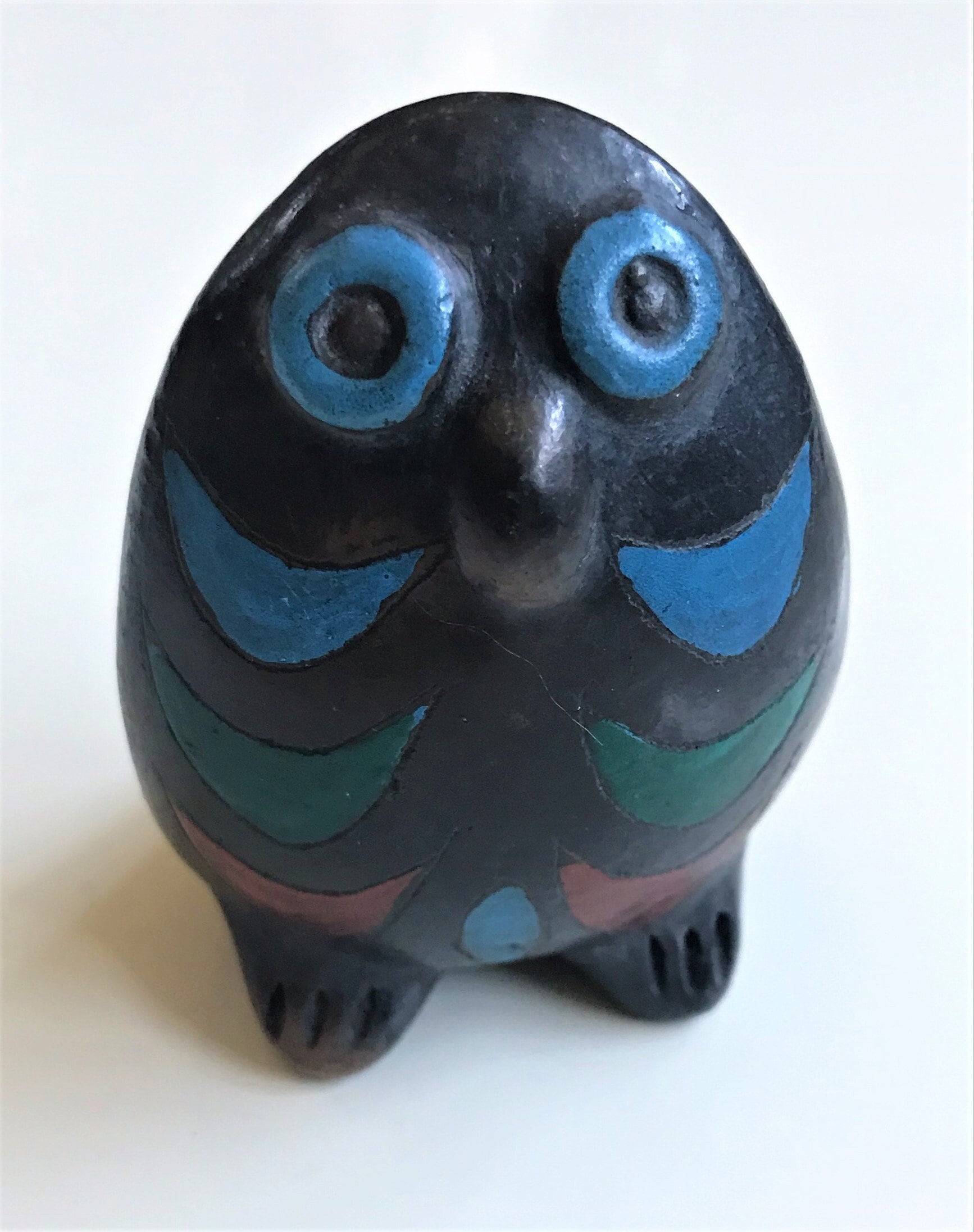 Vintage Mexican Oaxaca Black Pottery owl figurine, barro negro black mud, Mexico