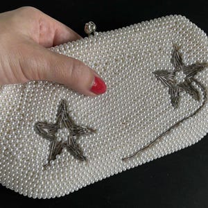 Vintage floral cream pearl beaded clutch purse, 1950s faux pearl clutch with interior pocket mirror