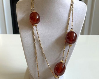 MCM goudkleurige en wortelbier bakelieten kralenketting, vintage bakelieten sieraden, Catalin-ketting, flapsieraden