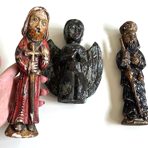 Mid century carved wood polychrome religious statues, vintage angel figurine, religious art