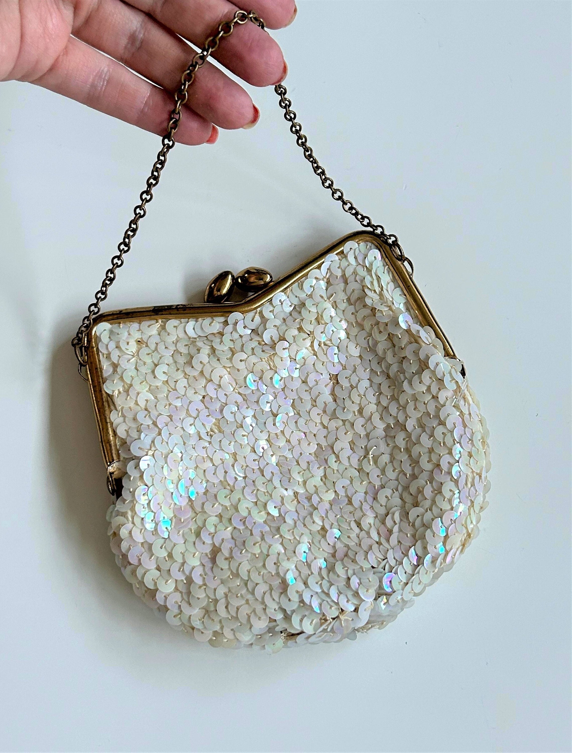 Small vintage white iridescent sequin purse kiss lock handbag 1960s party bag vintage child s purse