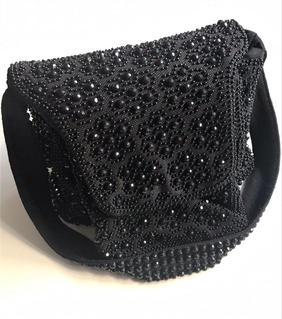 1960s Faceted Black Beaded Shoulder Bag, Unique Vintage Purse 