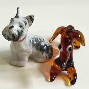 Vintage lot of 2 miniature dog figurines, mini glass dog, derpy dogs
