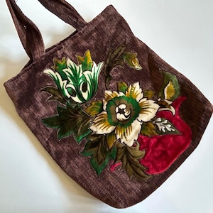Vintage floral tapestry tote bag, handmade velour purse, 1970s handbag