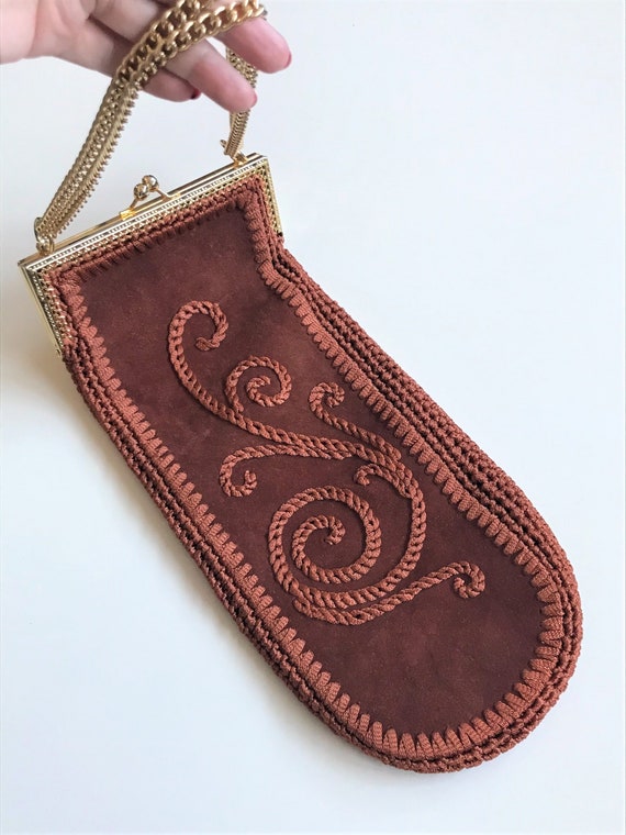 Vintage Italian suede purse, embroidered rust col… - image 1