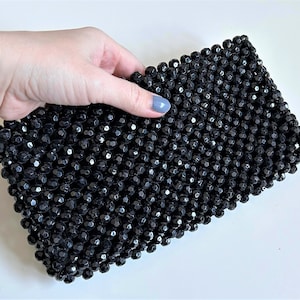 1960s black beaded clutch, vintage purse, make up bag, Made in Hong Kong