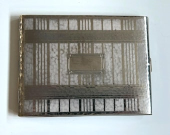 Portasigarette Evans argentato Art Déco, portacarte vintage cromato martellato
