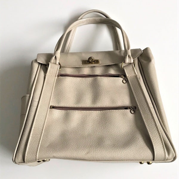 Large top handle cream faux leather vintage handbag, 1960s 1970s purse, vintage tote bag