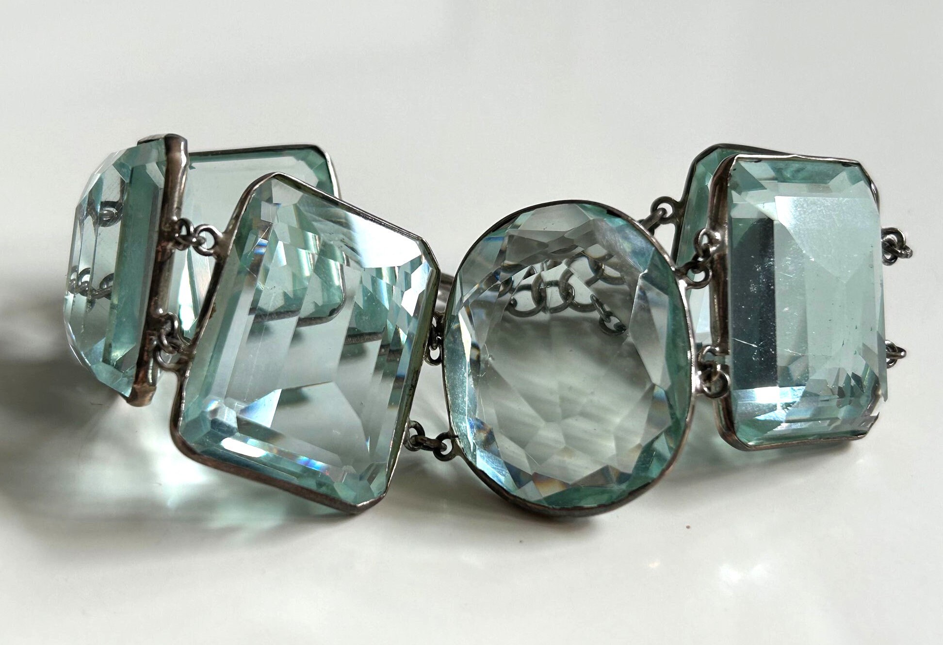 【REAL SILVER 925】AQUA SILVER Vintage Art Deco Style Aqua Glass 925 Silver Bracelet, 7.5