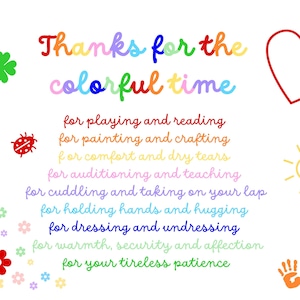 Karte zum Abschied in Englisch Kindergarten, Kita, Grundschule, Erzieherin, Erzieher, Lehrerin, Lehrer -- Thanks for the colorful time --