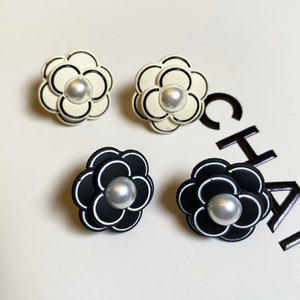 CHANEL Calfskin Metal Pearl 90's Camellia CC Hoop Earrings Gold Black  661671