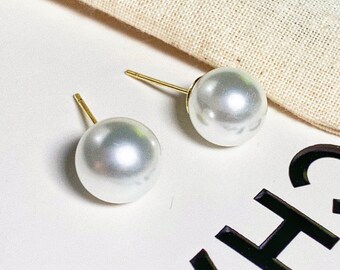 Single Pearl Round Earrings, Pearls Stud Earrings, vintage styling, 925 silver needle, pearls