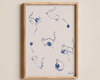 Blue Cat Line Art Print: Hand-Drawn Kitten Illustration (Digital Download)